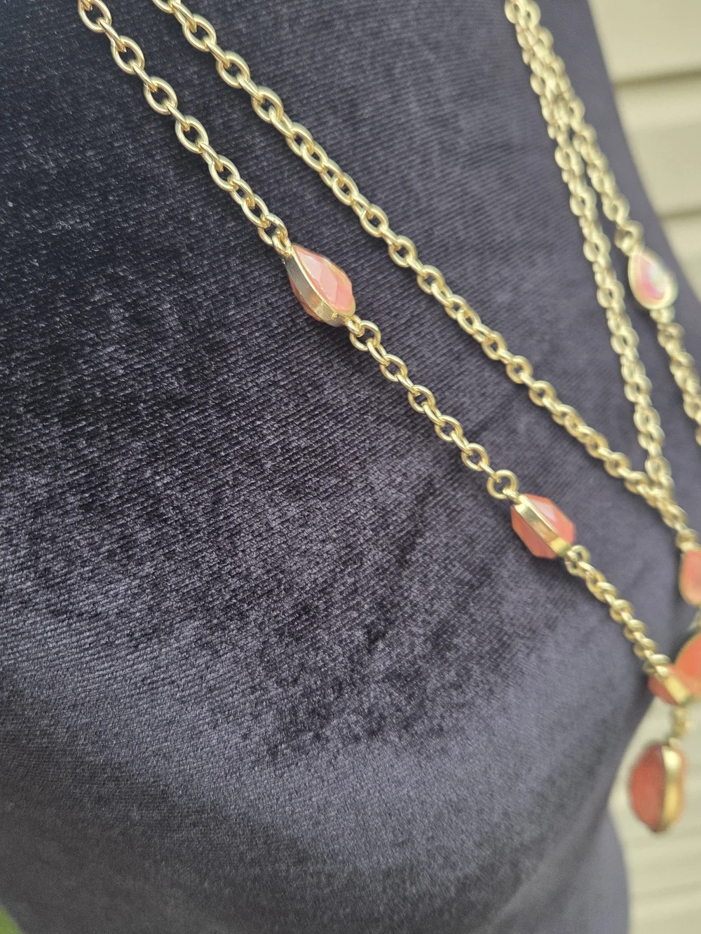 Gold-Tone Layered Necklace with Coral Teardrop Stones